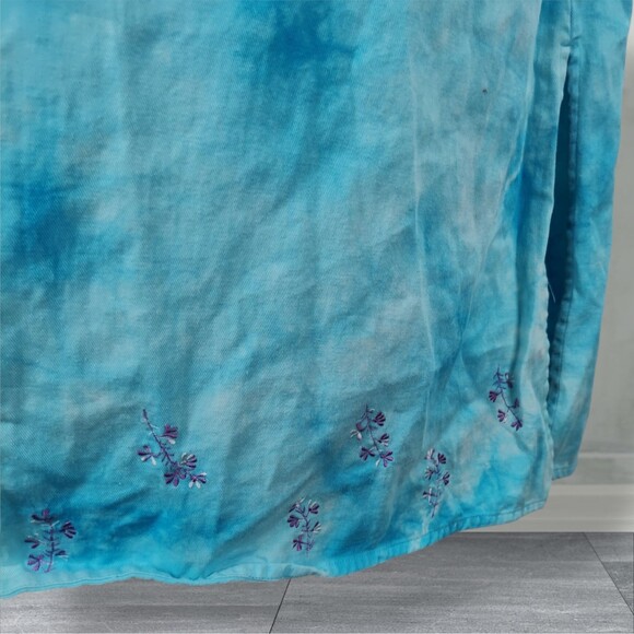 Vintage 90s Embroidered Midi Shift Dress Size L Blue Cotton Twill Tie Dye - Picture 7 of 11
